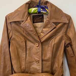Vintage Altman of Dallas leather trench coat, tsn, tie, mid thigh, size S?